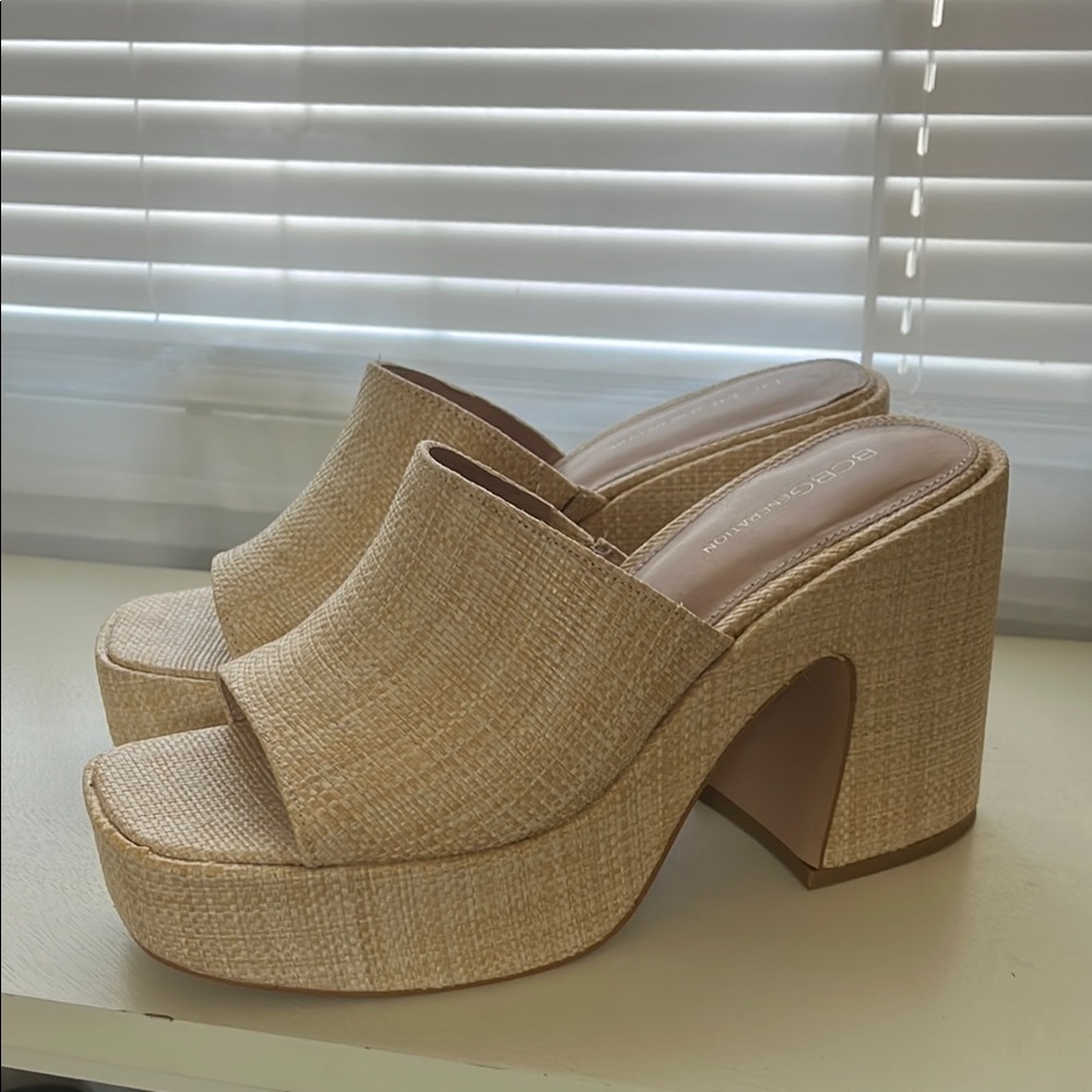 Beige Platform Heeled Mules